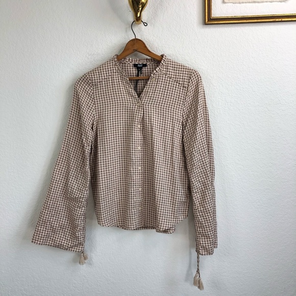 PAIGE Torin Check Blouse In Sandy Shell/ Spice Drawstring Bell Sleeves - Picture 3 of 9